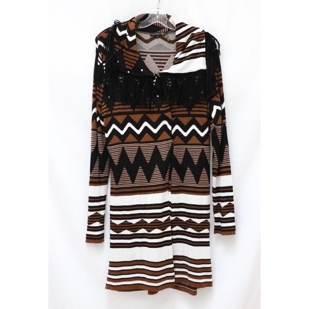 Jane & John Western Cardigan Aztec Striped Print Longline Brown Black Fringe S
